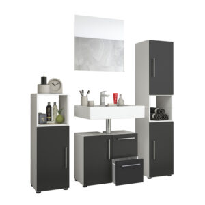 Køb Flandu badeværelsesmøbelsæt - spejlglas og sort træ (sæt af 4) online billigt tilbud rabat møbler