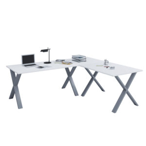 Køb Lona X-feet hjørneskrivebord - hvid træ og sølvgrå metal (160x160x80) online billigt tilbud rabat møbler