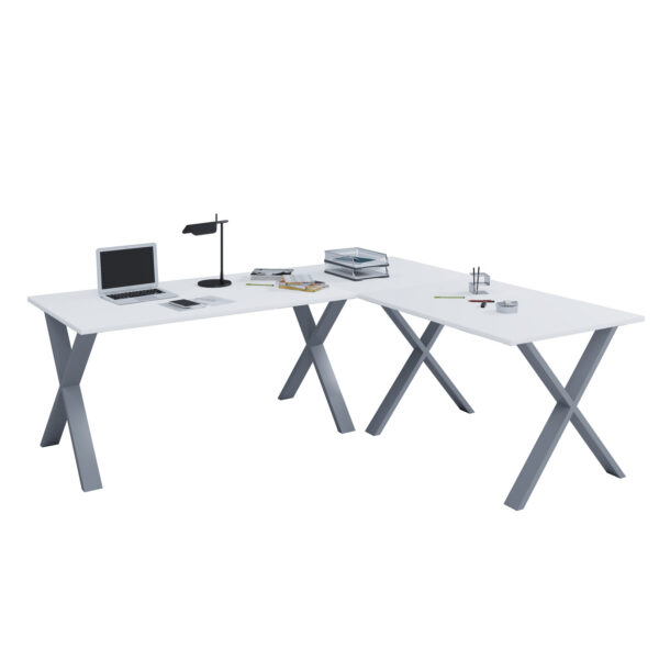 Køb Lona X-feet hjørneskrivebord - hvid træ og sølvgrå metal (190x160x80) online billigt tilbud rabat møbler