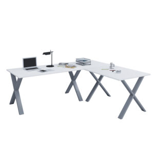 Køb Lona X-feet hjørneskrivebord - hvid træ og sølvgrå metal (220x190x80) online billigt tilbud rabat møbler