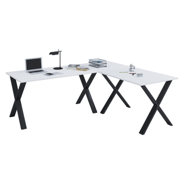 Køb Lona X-feet hjørneskrivebord - hvid træ og sort metal (190x160x50) online billigt tilbud rabat møbler